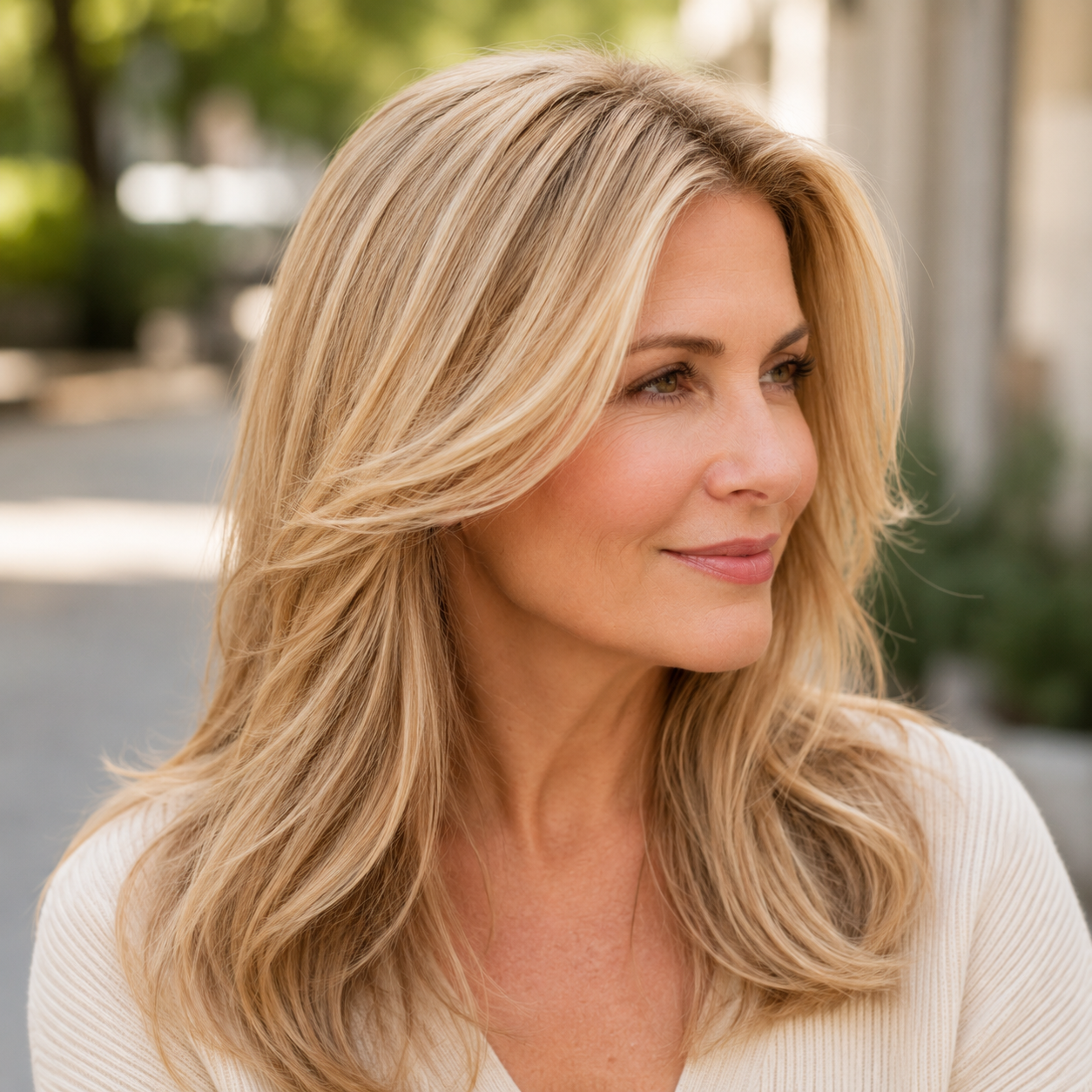 Confident woman with full blonde hair outdoors after using Boldify